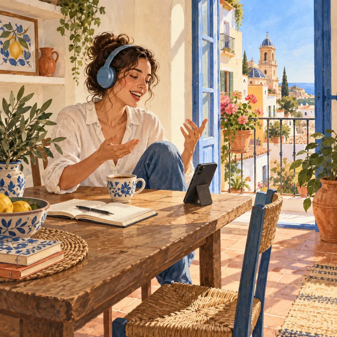 Illustration of a learner speaking through headphones at a sunny table beside an open window