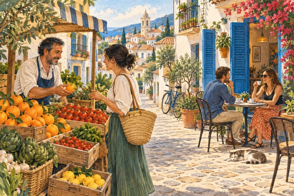 Illustration of a neighborhood market and café, with people chatting about everyday life