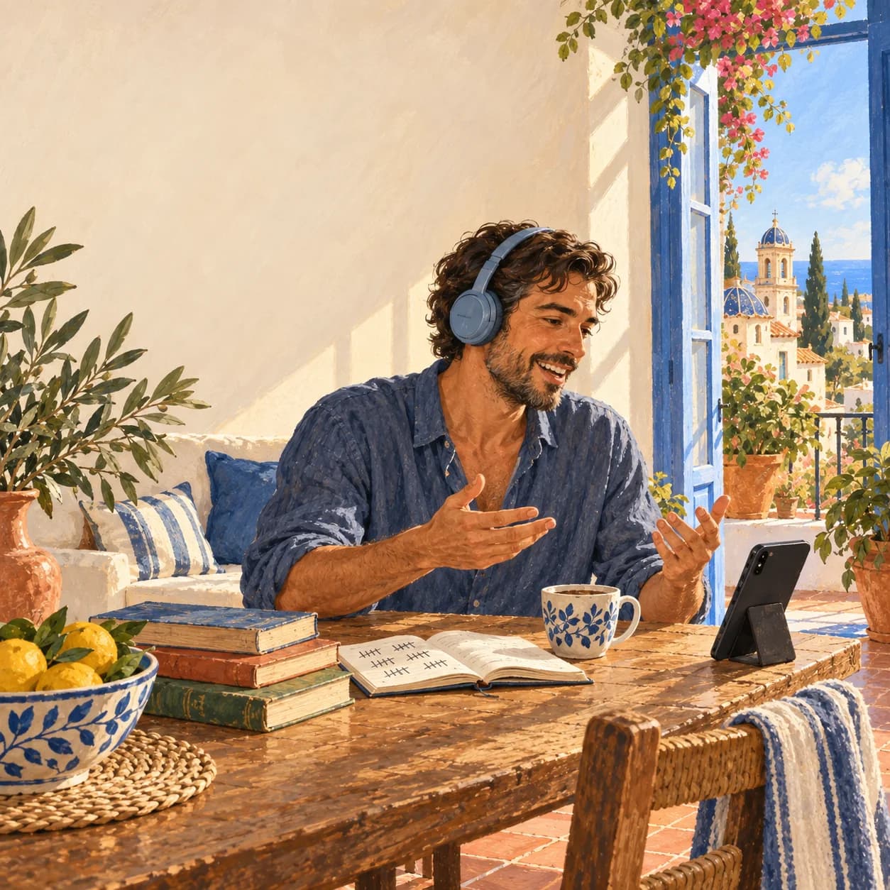Editorial illustration of an adult Spanish learner speaking through headphones at home