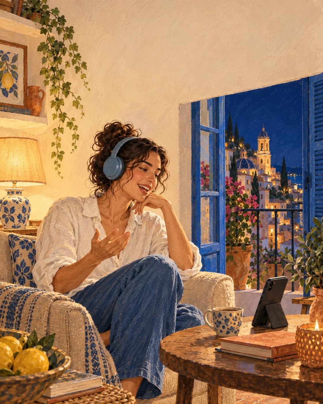 Editorial illustration of an adult learner having a private Spanish voice conversation at night